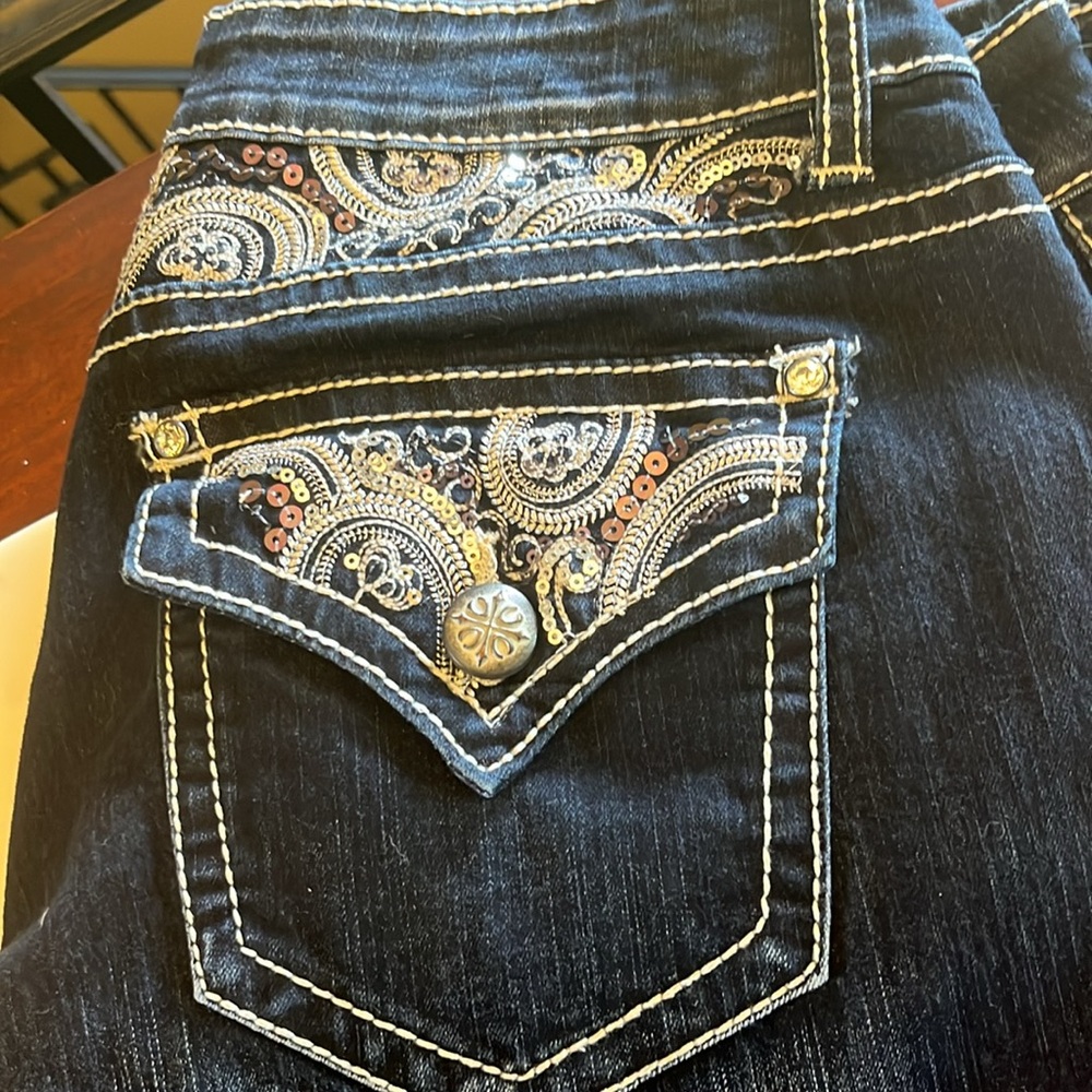 Blue Boot Cut Jeans with Contrast Stitching. Sparkles! Comfy too. Worn twice